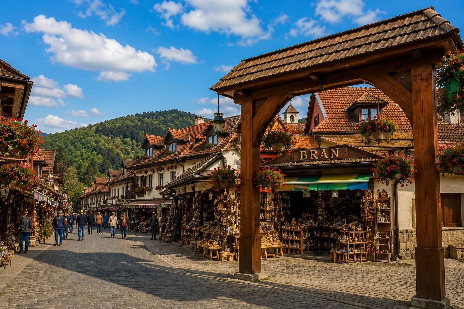Centrul turistic al localității Bran și magazinele cu produse locale