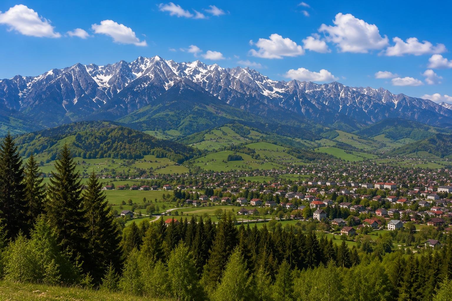Panoramă asupra localității Bran și a munților din împrejurimi